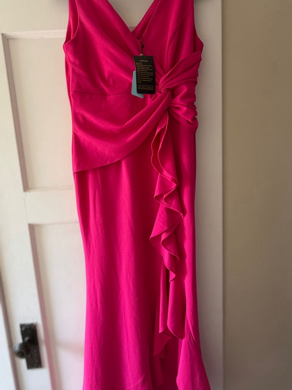 Elegant Fuchsia Draped V-Neck Dress with Side Ruffle